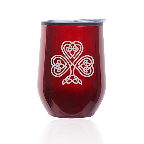 Stemless Wine Tumbler Coffee Travel Mug Glass With Lid Celtic Clover Shamrock (Red)