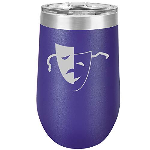 16 oz Double Wall Vacuum Insulated Stainless Steel Stemless Wine Tumbler Glass Coffee Travel Mug With Lid Drama Mask (Purple)