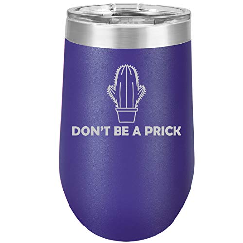 16 oz Double Wall Vacuum Insulated Stainless Steel Stemless Wine Tumbler Glass Coffee Travel Mug With Lid Don't Be A Prick Funny Cactus (Purple)