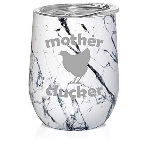 12 oz Double Wall Vacuum Insulated Stainless Steel Marble Stemless Wine Tumbler Glass Coffee Travel Mug With Lid Mother Clucker Hen Chicken Funny (Black White Marble)