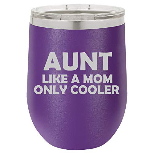 12 oz Double Wall Vacuum Insulated Stainless Steel Stemless Wine Tumbler Glass Coffee Travel Mug With Lid Aunt Like A Mom Only Cooler (Purple)