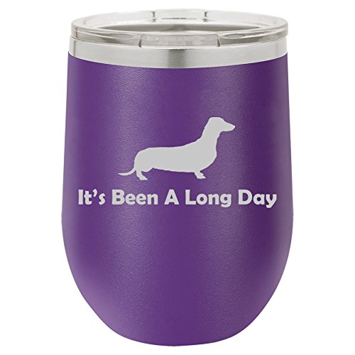 12 oz Double Wall Vacuum Insulated Stainless Steel Stemless Wine Tumbler Glass Coffee Travel Mug With Lid It's Been A Long Day Dachshund (Purple)