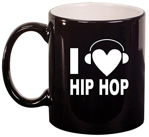 Ceramic Coffee Tea Mug Cup I heart Love Hip Hop Music Headphones (Black)