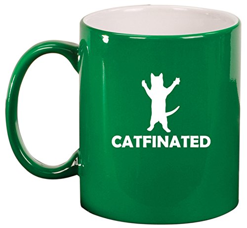 Ceramic Coffee Tea Mug Cup Catfinated Funny Cat Caffeine (Green)