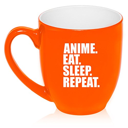 16 oz Large Bistro Mug Ceramic Coffee Tea Glass Cup Anime Eat Sleep Repeat (Orange)