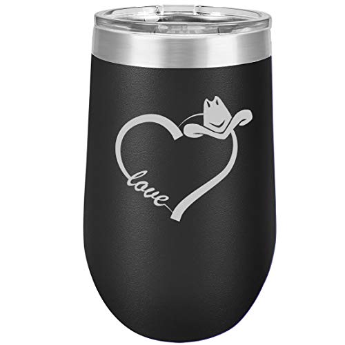 16 oz Double Wall Vacuum Insulated Stainless Steel Stemless Wine Tumbler Glass Coffee Travel Mug With Lid Love Heart Country Cowgirl