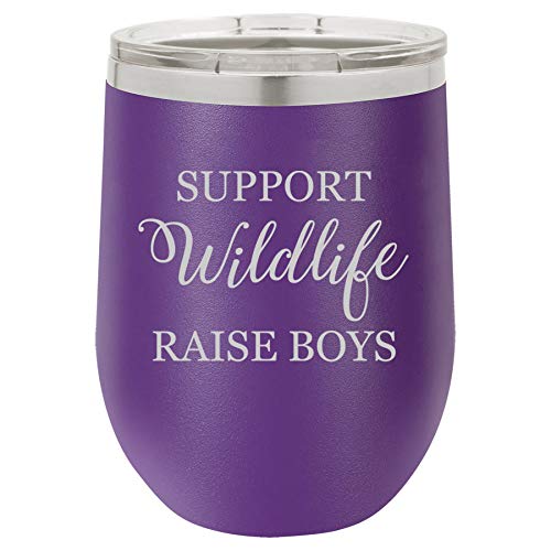 12 oz Double Wall Vacuum Insulated Stainless Steel Stemless Wine Tumbler Glass Coffee Travel Mug With Lid Support Wildlife Raise Boys Mom Mother Of Boys Funny (Purple)