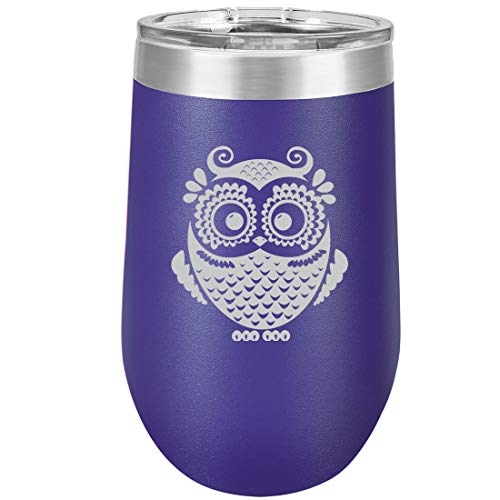 16 oz Double Wall Vacuum Insulated Stainless Steel Stemless Wine Tumbler Glass Coffee Travel Mug With Lid Owl Vintage (Purple)