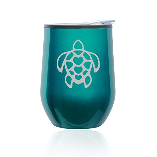 Stemless Wine Tumbler Coffee Travel Mug Glass With Lid Turtle Hearts (Turquoise Teal)