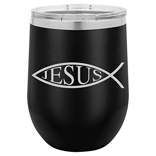 12 oz Double Wall Vacuum Insulated Stainless Steel Stemless Wine Tumbler Glass Coffee Travel Mug With Lid Jesus Fish (Black)