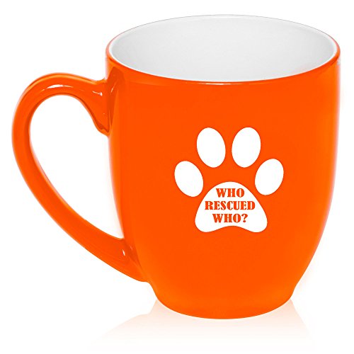 16 oz Large Bistro Mug Ceramic Coffee Tea Glass Cup Paw Print Who Rescued Who (Orange)