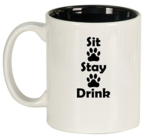 Ceramic Coffee Tea Mug Cup Sit Stay Drink Funny Paw Prints Dog Cat Animal Lover (White)