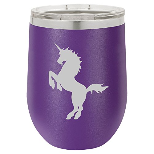 12 oz Double Wall Vacuum Insulated Stainless Steel Stemless Wine Tumbler Glass Coffee Travel Mug With Lid Unicorn (Purple)