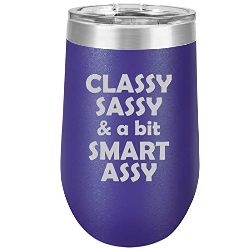 16 oz Double Wall Vacuum Insulated Stainless Steel Stemless Wine Tumbler Glass Coffee Travel Mug With Lid Classy Sassy And A Bit Smart Assy (Purple)