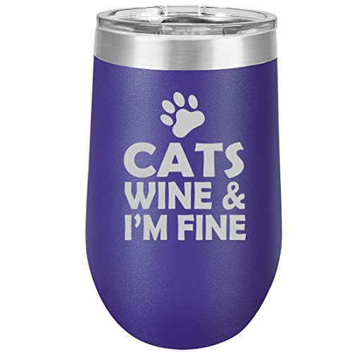 16 oz Double Wall Vacuum Insulated Stainless Steel Stemless Wine Tumbler Glass Coffee Travel Mug With Lid Cats Wine & I'm Fine (Purple)