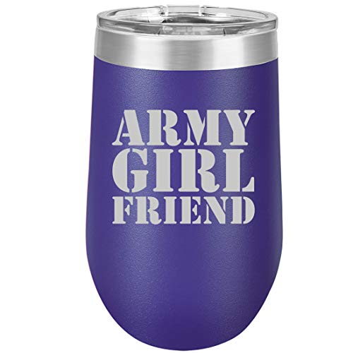 16 oz Double Wall Vacuum Insulated Stainless Steel Stemless Wine Tumbler Glass Coffee Travel Mug With Lid Army Girlfriend (Purple)