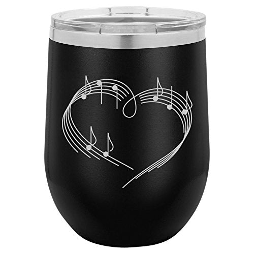 12 oz Double Wall Vacuum Insulated Stainless Steel Stemless Wine Tumbler Glass Coffee Travel Mug With Lid Heart Love Music Notes (Black)