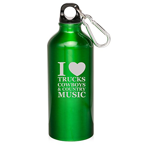 20oz Aluminum Sports Water Bottle Caribiner Clip I Love Trucks Cowboys Country Music (Green)