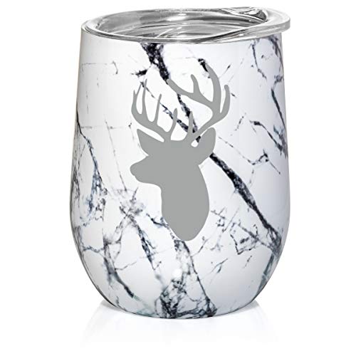 12 oz Double Wall Vacuum Insulated Stainless Steel Marble Stemless Wine Tumbler Glass Coffee Travel Mug With Lid Deer Head With Antlers Hunting (Black White Marble)