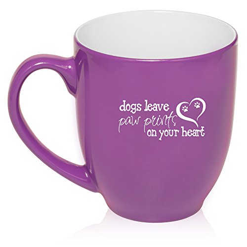 16 oz Large Bistro Mug Ceramic Coffee Tea Glass Cup Dogs Leave Paw Prints On Your Heart (Purple)