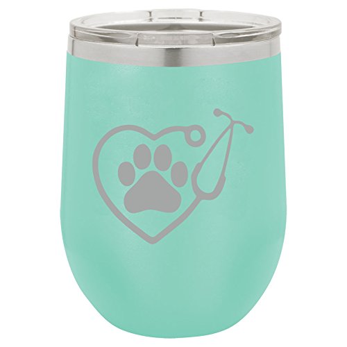 12 oz Double Wall Vacuum Insulated Stainless Steel Stemless Wine Tumbler Glass Coffee Travel Mug With Lid Heart Stethoscope Vet Tech Veterinarian (Teal)