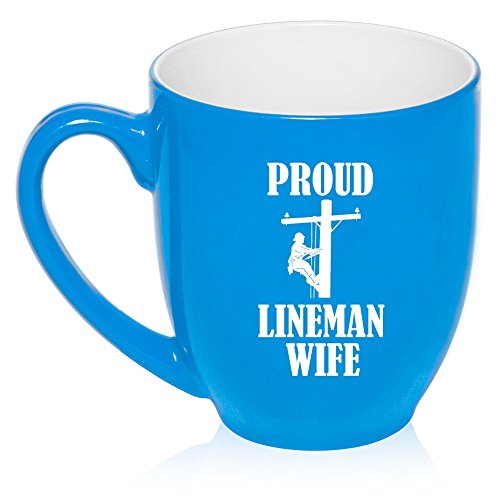 16 oz Large Bistro Mug Ceramic Coffee Tea Glass Cup Proud Lineman Wife (Light Blue)