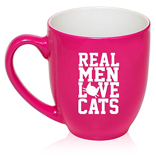 16 oz Large Bistro Mug Ceramic Coffee Tea Glass Cup Real Men Love Cats (Hot Pink)