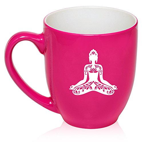 16 oz Large Bistro Mug Ceramic Coffee Tea Glass Cup Buddha Yoga Lotus (Hot Pink)