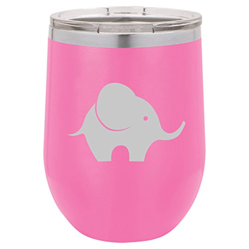 12 oz Double Wall Vacuum Insulated Stainless Steel Stemless Wine Tumbler Glass Coffee Travel Mug With Lid Baby Elephant (Hot-Pink)