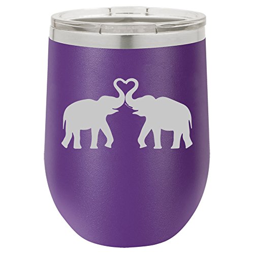 12 oz Double Wall Vacuum Insulated Stainless Steel Stemless Wine Tumbler Glass Coffee Travel Mug With Lid Elephants Making Heart (Purple)