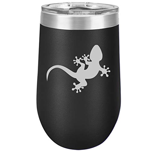 16 oz Double Wall Vacuum Insulated Stainless Steel Stemless Wine Tumbler Glass Coffee Travel Mug With Lid Gecko Lizard (Black)