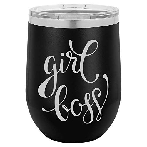 12 oz Double Wall Vacuum Insulated Stainless Steel Stemless Wine Tumbler Glass Coffee Travel Mug With Lid Girl Boss (Black)