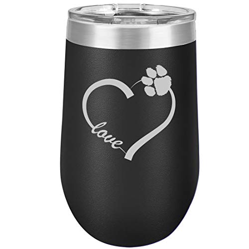 16 oz Double Wall Vacuum Insulated Stainless Steel Stemless Wine Tumbler Glass Coffee Travel Mug With Lid Love Heart Paw Animals
