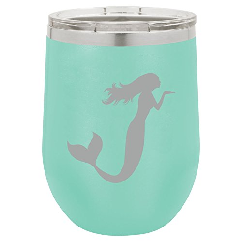 12 oz Double Wall Vacuum Insulated Stainless Steel Stemless Wine Tumbler Glass Coffee Travel Mug With Lid Mermaid (Teal)