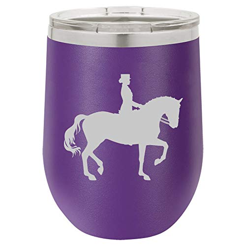 12 oz Double Wall Vacuum Insulated Stainless Steel Stemless Wine Tumbler Glass Coffee Travel Mug With Lid Dressage Horse With Rider (Purple)