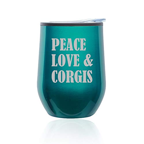 Stemless Wine Tumbler Coffee Travel Mug Glass With Lid Peace Love & Corgis (Turquoise Teal)