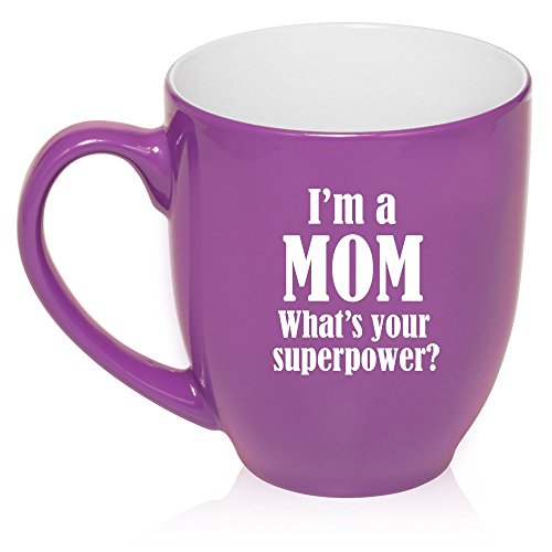 16 oz Large Bistro Mug Ceramic Coffee Tea Glass Cup Mom Superpower (Purple)