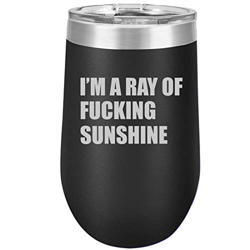 16 oz Double Wall Vacuum Insulated Stainless Steel Stemless Wine Tumbler Glass Coffee Travel Mug With Lid I'm A Ray Of Fcking Sunshine Funny (Black)