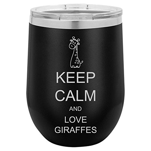 12 oz Double Wall Vacuum Insulated Stainless Steel Stemless Wine Tumbler Glass Coffee Travel Mug With Lid Keep Calm And Love Giraffes (Black)