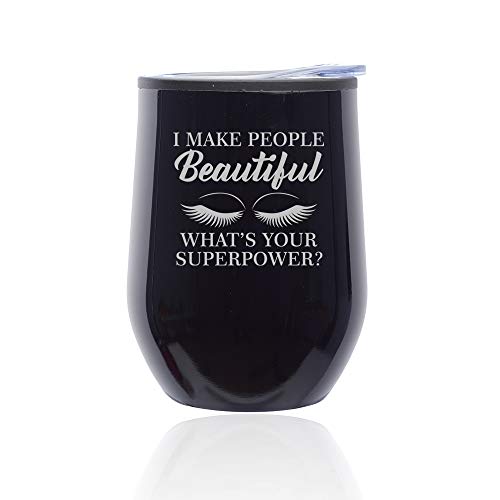 Stemless Wine Tumbler Coffee Travel Mug Glass With Lid I Make People Beautiful What's Your Superpower Lash Makeup Artist Esthetician (Midnight Black)