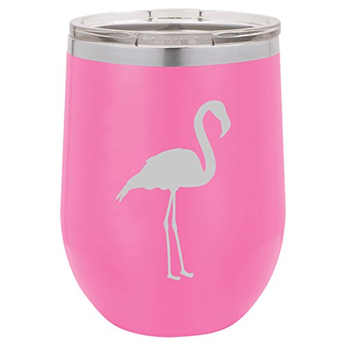 12 oz Double Wall Vacuum Insulated Stainless Steel Stemless Wine Tumbler Glass Coffee Travel Mug With Lid Flamingo (Hot-Pink)