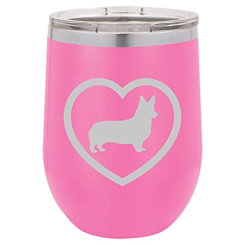 12 oz Double Wall Vacuum Insulated Stainless Steel Stemless Wine Tumbler Glass Coffee Travel Mug With Lid Corgi Heart (Hot-Pink)