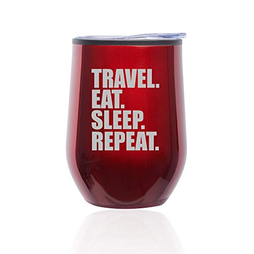 Stemless Wine Tumbler Coffee Travel Mug Glass With Lid Travel Eat Sleep Repeat (Red)