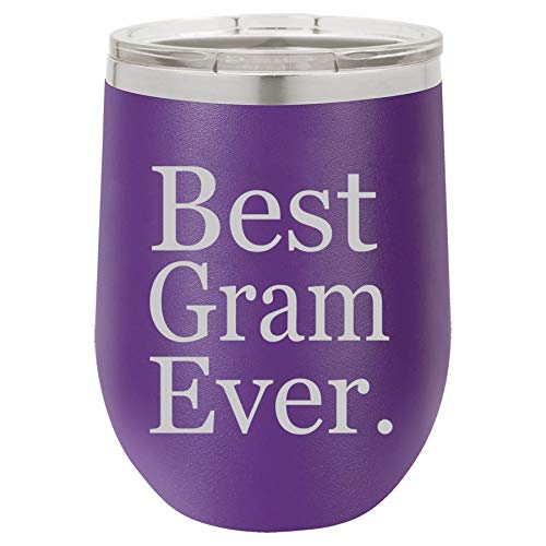 12 oz Double Wall Vacuum Insulated Stainless Steel Stemless Wine Tumbler Glass Coffee Travel Mug With Lid Best Gram Ever Grammy Grandma Grandmother (Purple)