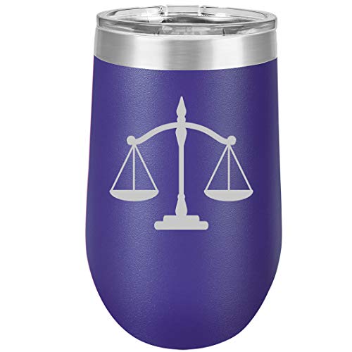 16 oz Double Wall Vacuum Insulated Stainless Steel Stemless Wine Tumbler Glass Coffee Travel Mug With Lid Scales Of Justice Lawyer Paralegal Attorney (Purple)