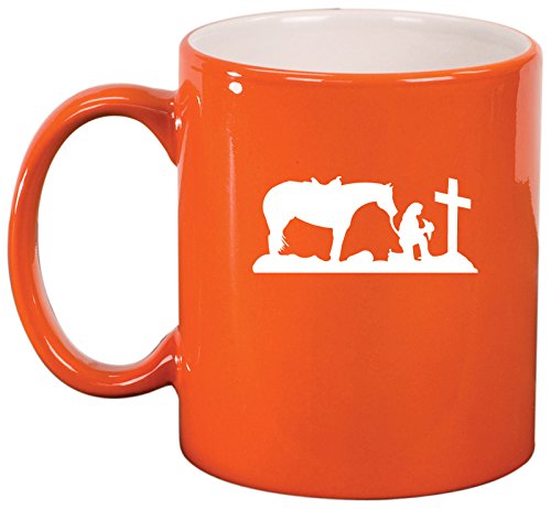 Ceramic Coffee Tea Mug Cup Cowgirl Praying Cross Horse (Orange)