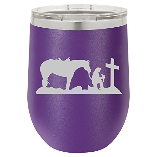 12 oz Double Wall Vacuum Insulated Stainless Steel Stemless Wine Tumbler Glass Coffee Travel Mug With Lid Cowgirl Praying Cross Horse (Purple)