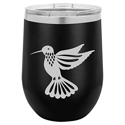 12 oz Double Wall Vacuum Insulated Stainless Steel Stemless Wine Tumbler Glass Coffee Travel Mug With Lid Hummingbird (Black)