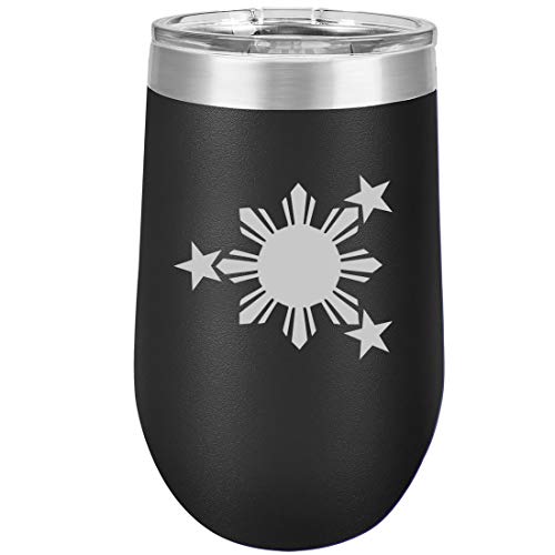 16 oz Double Wall Vacuum Insulated Stainless Steel Stemless Wine Tumbler Glass Coffee Travel Mug With Lid Philippines Stars And Sun (Black)