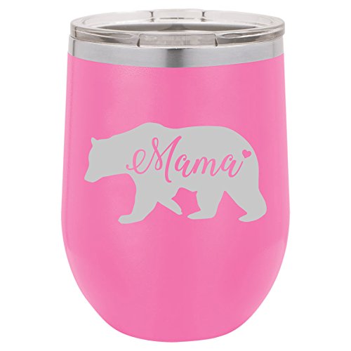 12 oz Double Wall Vacuum Insulated Stainless Steel Stemless Wine Tumbler Glass Coffee Travel Mug With Lid Mama Bear Mom Mother (Hot-Pink)